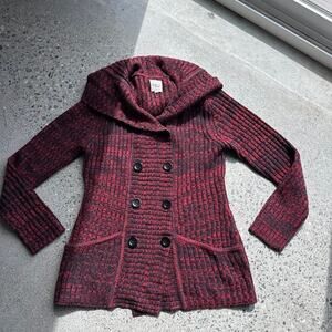 Elliot Women L Red Black Knit Sweater Coat Chunky Double Breasted Cowl Neck Y2K